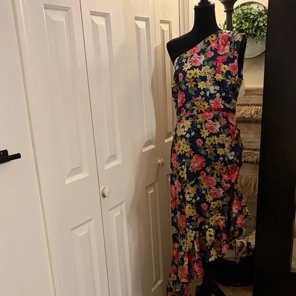 Lulu's Navy Floral One Shoulder Dress - Blue and Pink - Picture 1 of 10